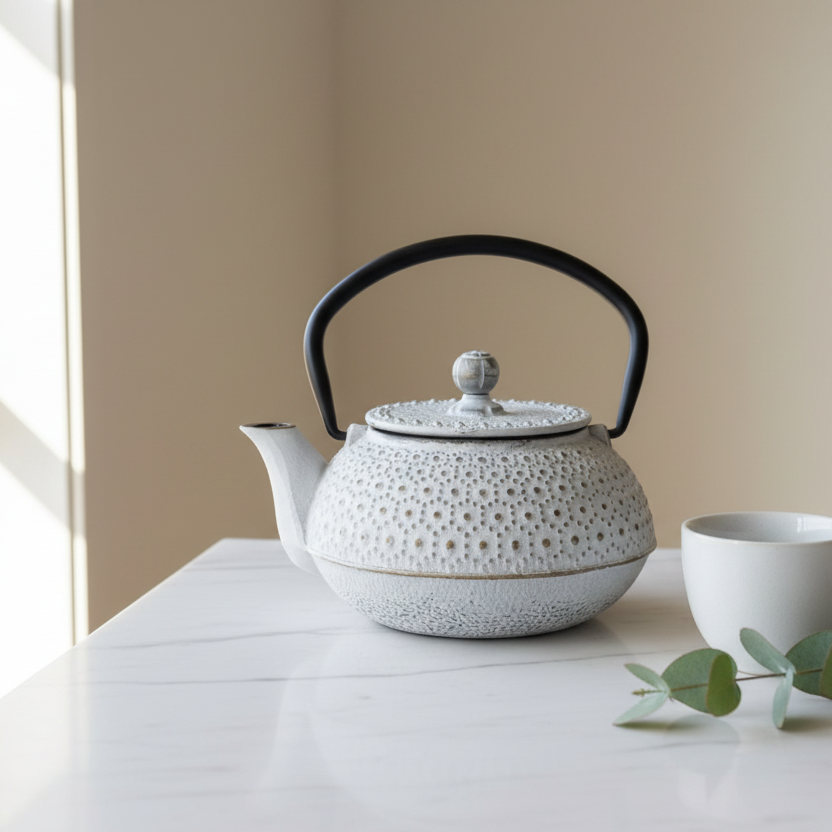 White Cast Iron Teapot - Natural Setting