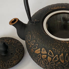 Black ceramic teapot with decorative patterns on a white background