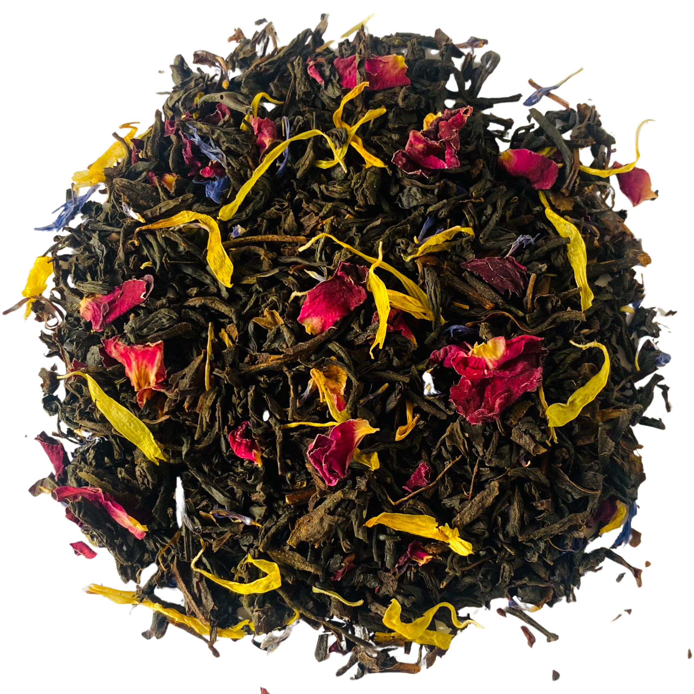 French Earl Grey Tea with colorful flowers and leaves on a white background