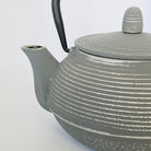 Gray teapot with ribbed design on a white background