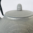 Gray ceramic teapot with ribbed design and black handle on a white background