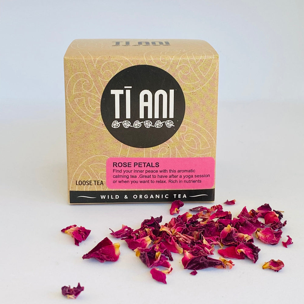 Ti Ani rose petals loose tea packaging with dried rose petals on a white background