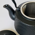Black textured teapot with a mesh filter on a white background