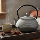 Linear Grey Silver Cast Iron Teapot Scene